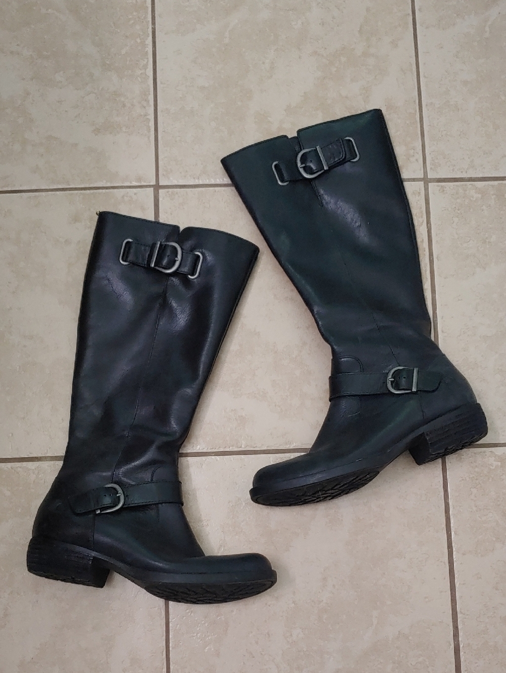 Born Tall Black Leather Boots Motorcycle Riding Buckle Women's Size 6.5